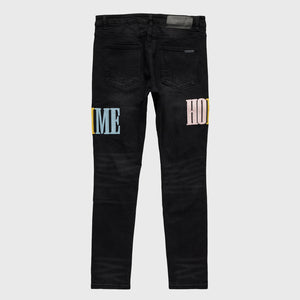 Letterman Denim Black With Pink, Baby Blue and Yellow Letters