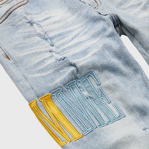 Letterman Denim Blue With Yellow, Baby Blue and Pink
